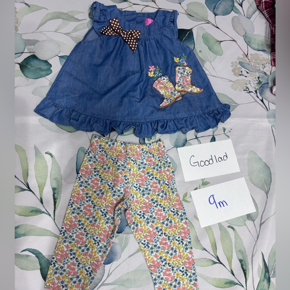 Good Lad Blue Chambray Top with Floral Boots and Multicolor Floral Leggings